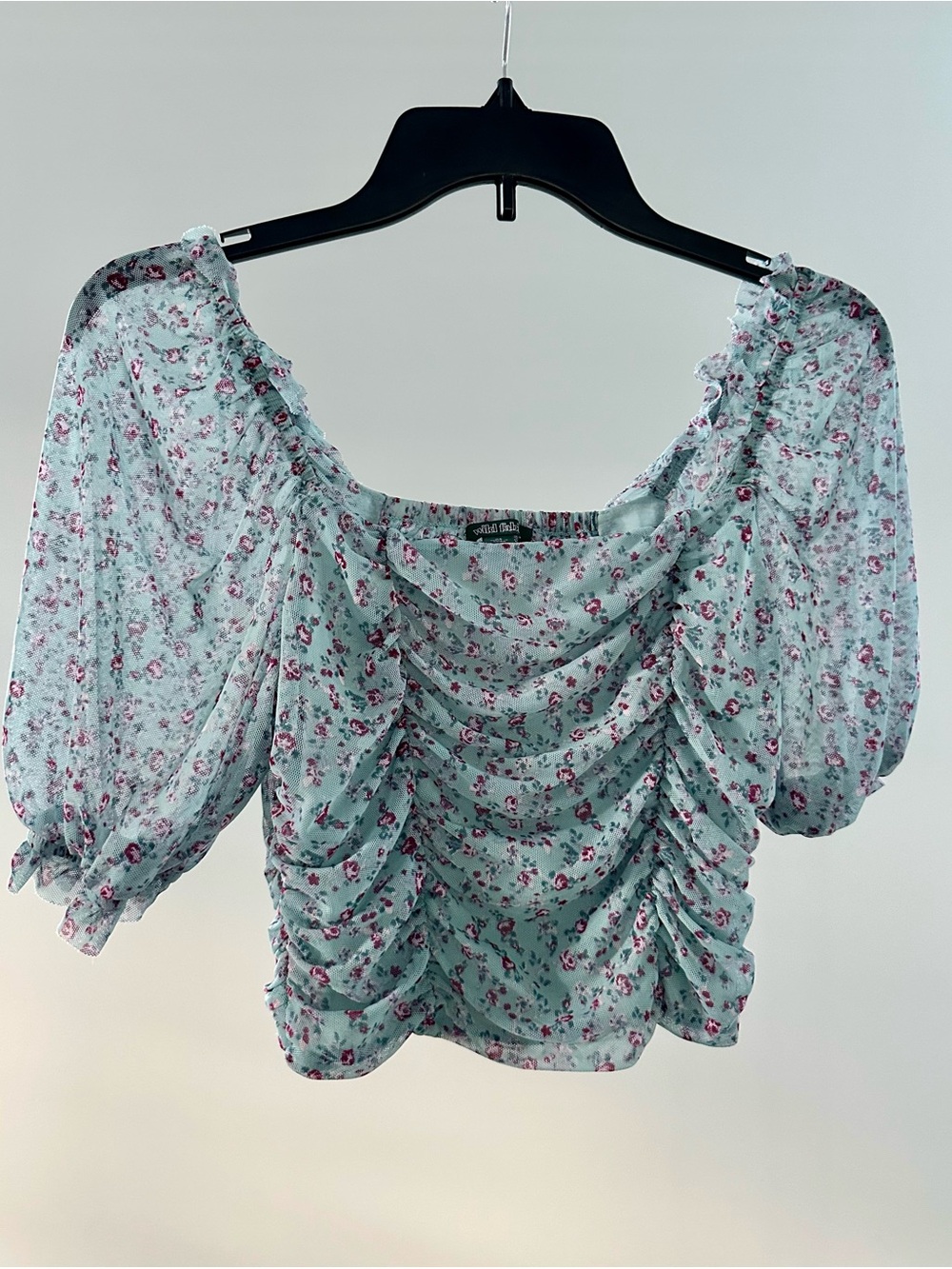 wild fable Mint Floral Ruched Puff Sleeve Blouse